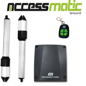 KIT DE MOTORES BATIENTES ACCESSMATIC FALCON 350 PARA PUERTAS DE 2 HOJAS DE 4 MT DE ANCHO O MAX 350 KG DE PESO. INCLUYE 2 MOTORES FN350, 2 CONTROLES Y TARJETA ELECTRÓNICA ACCESSCOMAND 24NE CON DISPLAY DIGITAL. 24V. FUNCIONA CON BATERÍA DE RESPALDO AUACAF2X (NO INCLUIDA). USO INTENSIVO.