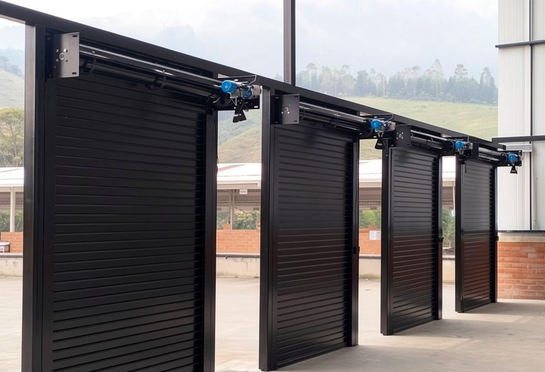 Cortina enrollable automática fabricada en fleje de seguridad tipo americano, calibre 22 galvanizado, equipada con motor lateral Elite 611 para automatización. Incluye instalación en Medellín, garantizando seguridad, resistencia y funcionamiento práctico para accesos comerciales o industriales.